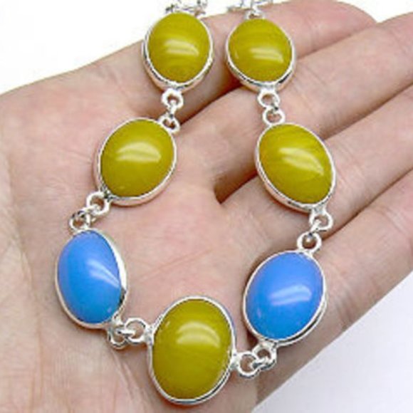 Silver Blue & Yellow Agate Bracelet Adjustable - Picture 10 of 11